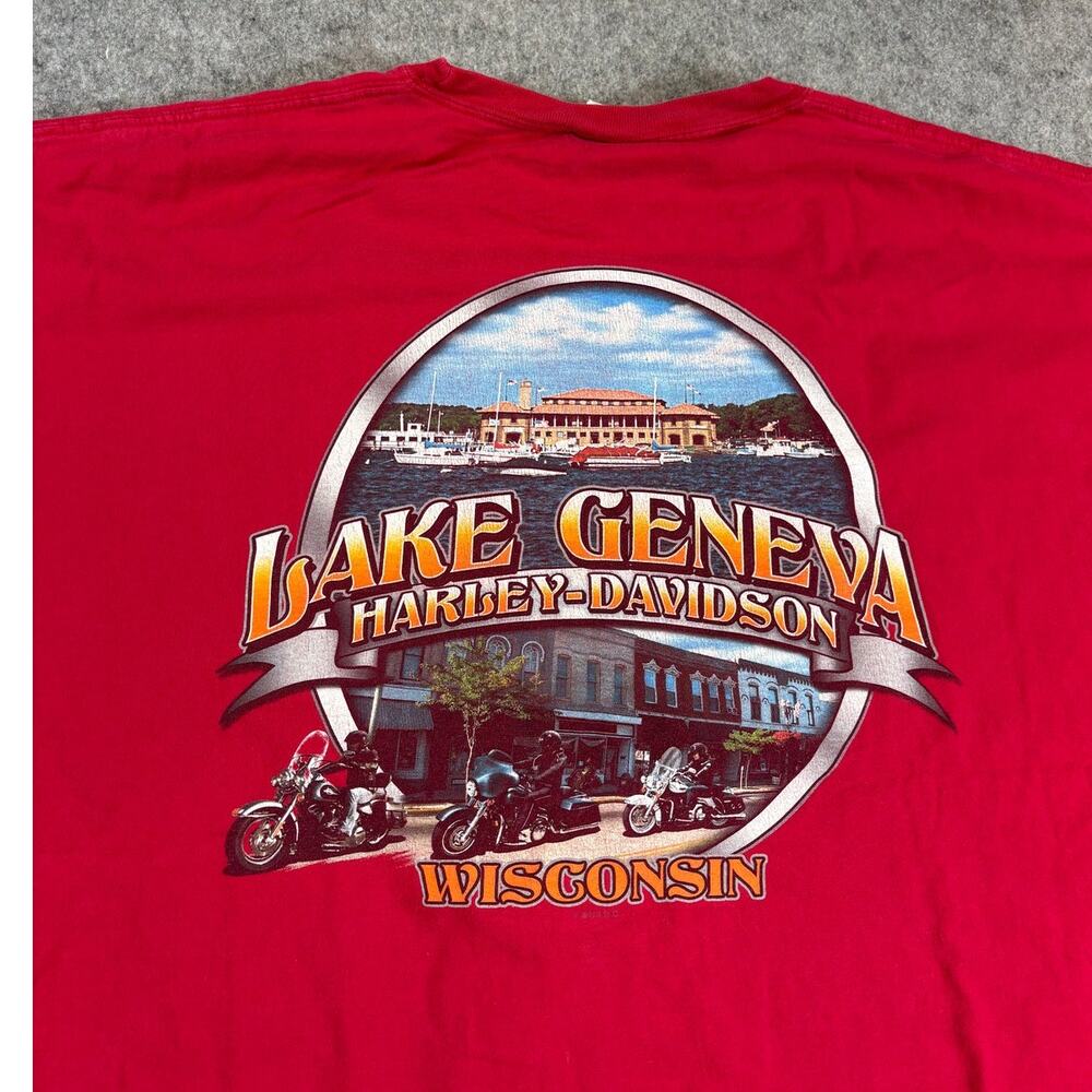 Harley Davidson Shirt Mens Red Lake Geneva Wisconsin Motorcycle Biker Tee 2XL - Picture 6 of 8